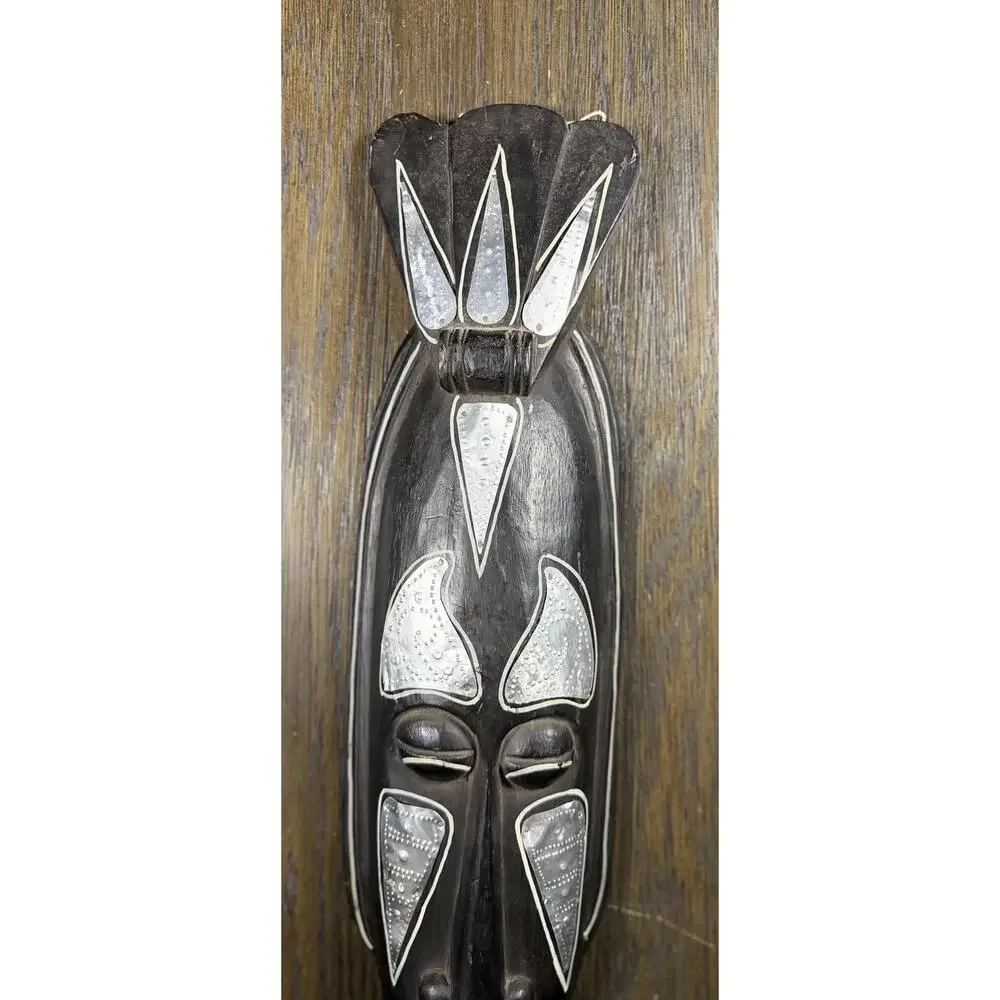 Vintage Ghana Hand Carved Wood Wall Mask Silver Metal 20” African Art